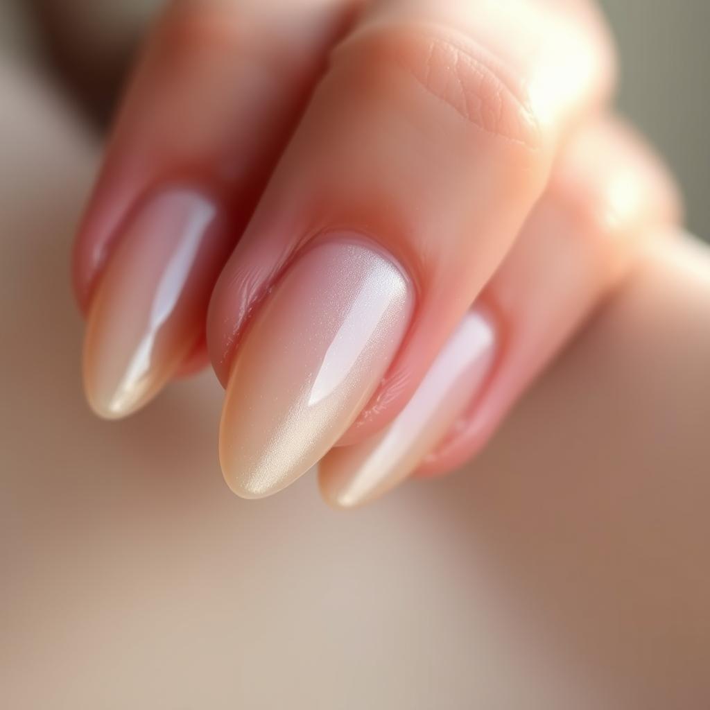 Detailed close-up shot of sophisticated almond-shaped nails painted in a shimmering champagne hue, with a subtle satin finish. The nails are carefully manicured, with a polished, elegant appearance. Soft, warm lighting from above casts a gentle glow, emphasizing the refined and timeless aesthetic. The composition places the nails as the central focus, filling the frame and highlighting their sleek, feminine shape against a softly blurred, neutral background. The overall mood is one of understated luxury and refined sophistication.