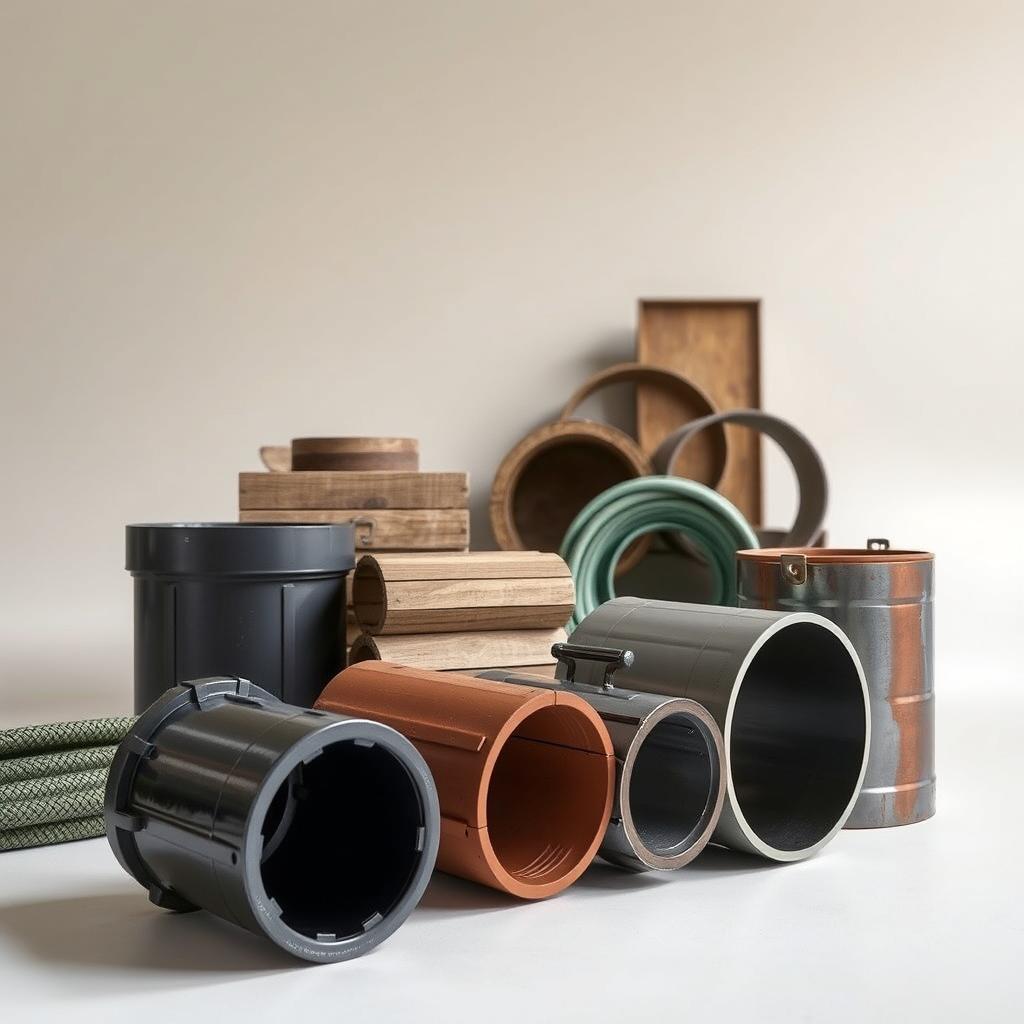 Durable hose holder materials, showcased in a well-lit indoor studio setting. Foreground features various sturdy materials such as heavy-duty plastic, weathered wood, and rust-resistant metal. Midground displays these materials in different shapes and sizes, highlighting their textural qualities. Background has a plain, neutral backdrop to emphasize the materials. Lighting is soft and diffused, creating gentle shadows that accentuate the dimensional aspects of the materials. The overall mood is one of practicality and durability, conveying the reliability of these hose holder options.