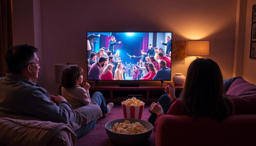 Family enjoying movie night on the best-selling TV LG OLED C4 in a cozy living room
