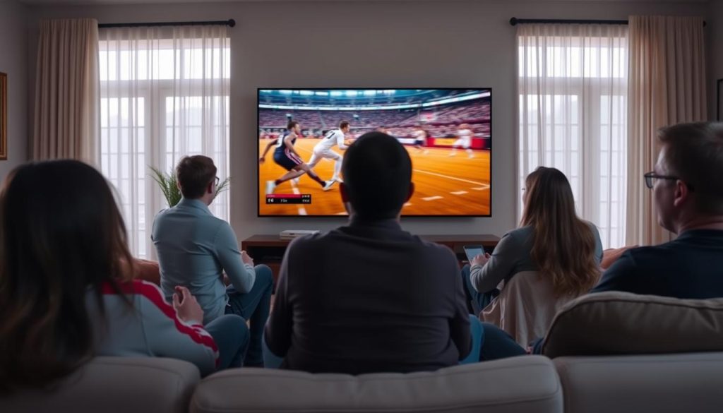 Family watching sports on the best-selling TV LG OLED C4 from different viewing angles