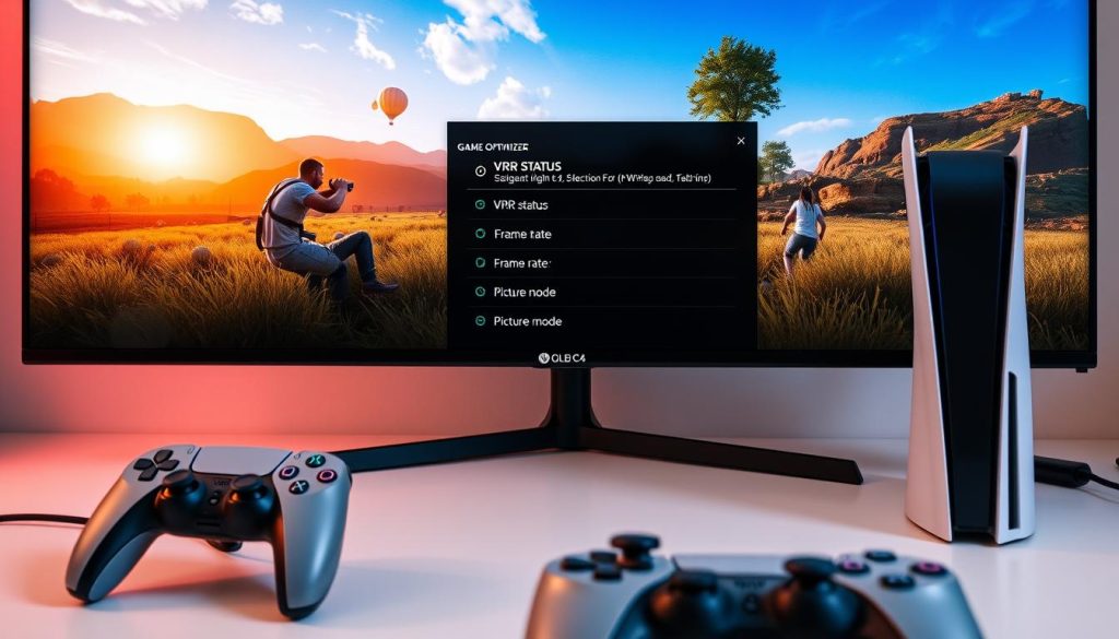 Gaming setup with PS5 connected to the best-selling TV LG OLED C4 showing Game Optimizer menu
