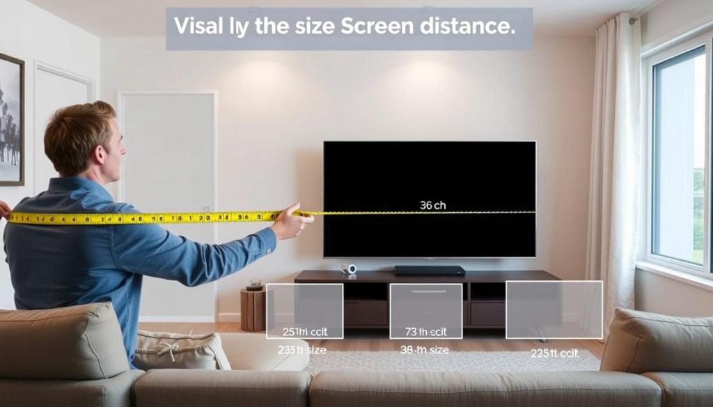 Person measuring viewing distance for optimal best-selling TV LG OLED C4 size selection