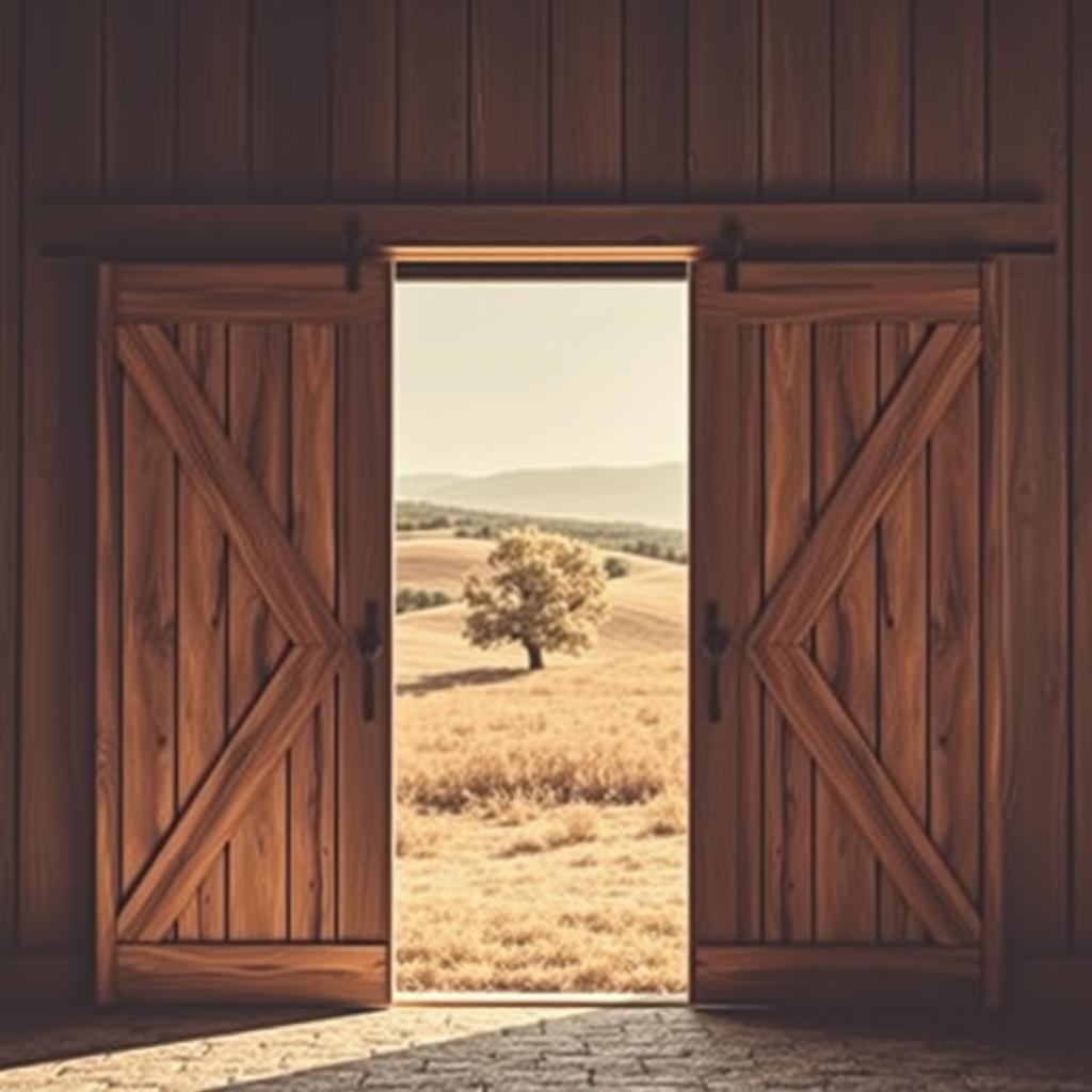 Rustic farmhouse barn doors, weathered wood in a warm sepia tone, sunlight filtering through the slats, casting soft shadows on the textured surface. A serene, countryside setting with rolling hills in the distance, a lone tree silhouetted against a hazy blue sky. The doors stand open, inviting the viewer into a cozy, inviting space, evoking a sense of tranquility and nostalgic charm. Captured with a wide-angle lens to emphasize the scale and grandeur of the architectural elements, the image reflects the charm and simplicity of farmhouse chic decor.