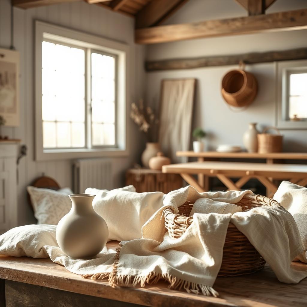 Soft, earthy tones cascade across a tranquil farmhouse setting. A serene palette of muted grays, beiges, and dusty greens envelops the scene, creating a calming, nature-inspired ambiance. Sunlight filters through large windows, casting a warm, diffused glow that accentuates the rustic textures of weathered wood, linen, and natural fibers. In the foreground, a carefully curated arrangement of neutral-toned décor elements, such as a ceramic vase, woven basket, and linen throw, creates a harmonious and inviting focal point. The overall composition evokes a sense of timeless, elevated simplicity, perfectly embodying the "Earthy and Neutral Color Palettes" theme.