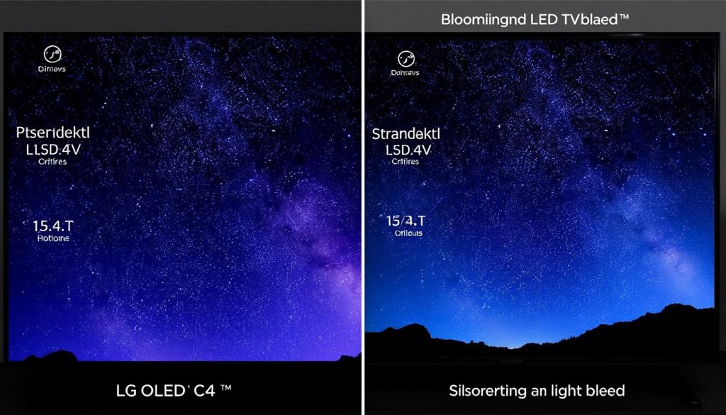 Split screen showing the best-selling TV LG OLED C4's perfect blacks versus LED TV blooming
