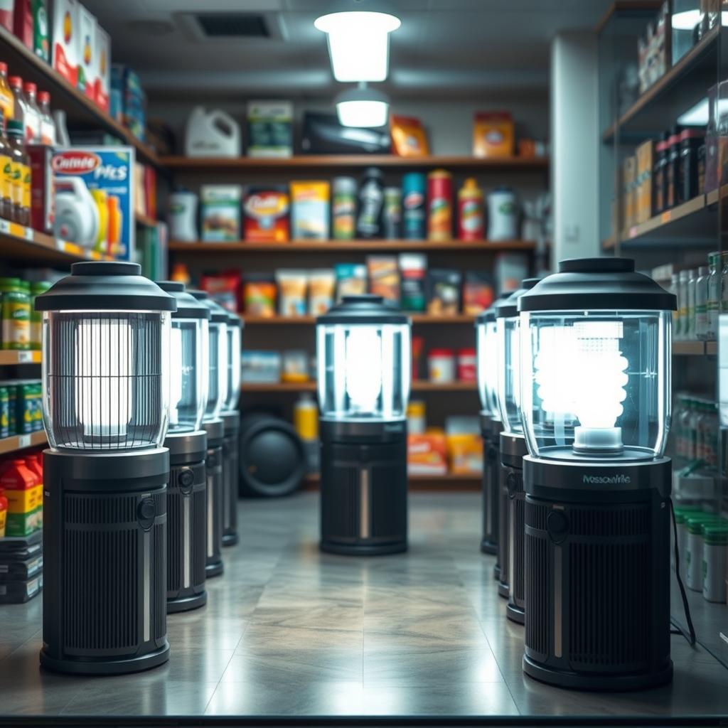 Trusted mosquito trap retailers showcased in a well-lit, inviting storefront display. A row of high-quality mosquito traps prominently featured, each illuminated with soft, warm lighting to highlight their effective design. The background features shelves stocked with additional pest control products, creating a sense of expertise and authority. The overall scene conveys a professional, trustworthy atmosphere where customers can confidently purchase the best mosquito traps to protect their homes and families.