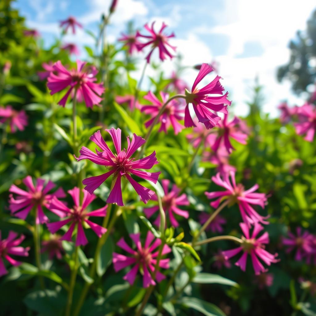 Vibrant bee balm flowers in full bloom, their tubular red-purple blossoms swaying gently in the warm breeze. The lush, verdant foliage provides an inviting backdrop, accentuating the nectar-rich flowers that attract a bustling community of pollinators. Sunlight filters through wispy clouds, casting a soft, natural glow on the scene. The camera captures this serene garden vignette from a slightly elevated angle, showcasing the bee balm's pest-repelling properties and its role as a natural mosquito deterrent. An idyllic, harmonious composition that celebrates the beauty and utility of this versatile perennial.