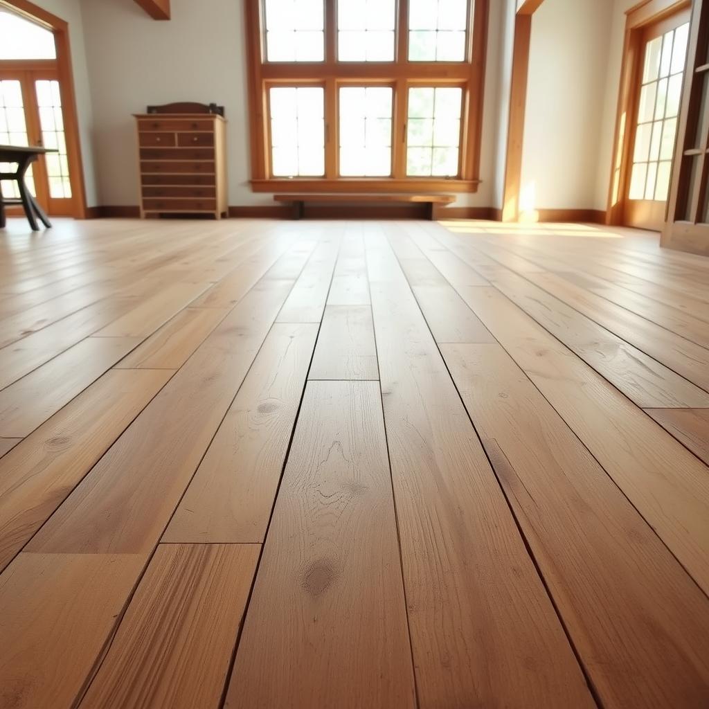 Wide, rustic wooden planks in a warm, natural palette cover the floor, their weathered and worn texture radiating a sense of timeless farmhouse charm. Soft, diffused lighting from large windows casts a gentle glow, highlighting the subtle variations in the wood grain. The floorboards stretch out in a simple, uncluttered expanse, grounding the space with their solid, grounded presence. Subtle distress and imperfections in the wood add character, evoking a lived-in, authentic feel. This flooring solution anchors the overall farmhouse aesthetic, providing a sturdy, inviting foundation for the surrounding decor.