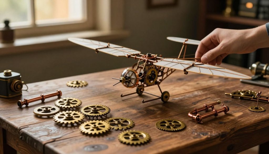 A beautifully arranged display of a magnetic steampunk ornithopter model kit on a rustic wooden table. In the foreground, the intricately designed kit components are spread out, showcasing brass gears, copper pipes, and delicate wings. The middle ground features a partially assembled model, with a hand gently manipulating the pieces, indicating a DIY assembly in progress. In the background, warm ambient light filters through a vintage window, casting soft shadows that enhance the steampunk aesthetic. The atmosphere is inviting and inspiring, evoking a sense of creativity and craftsmanship. The image captures the essence of where to purchase this fascinating kit, ideal for adults interested in mechanical assembly. No text or watermarks present.