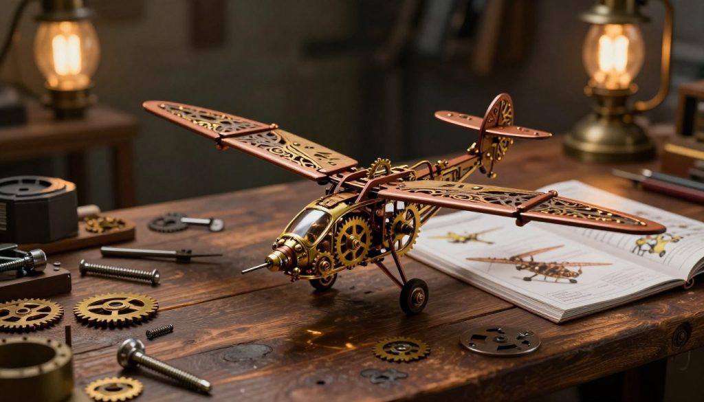 A beautifully crafted magnetic steampunk ornithopter model kit displayed prominently in the foreground, showcasing intricate brass gears and polished wood components, reflecting craftsmanship. The ornithopter features large, mechanically articulated wings, adorned with ornate filigree and aged copper accents. In the middle ground, various assembly tools, like gears, screws, and a detailed instruction manual, are meticulously arranged on a dark wooden workbench, providing a DIY feel. The background is softly blurred with a dimly lit workshop ambiance, filled with shadows and warm, golden lighting emanating from an antique lamp. The mood evokes inspiration and creativity, ideal for an adult hobbyist. The camera angle is slightly above eye level, capturing the details and depth of the kit and workspace without any distractions or overlays.