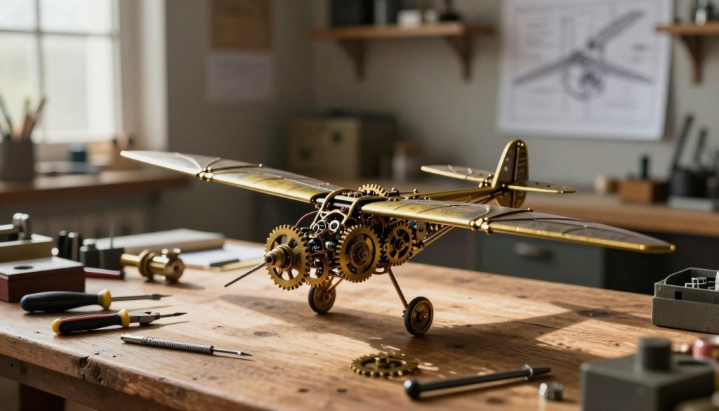 A beautifully detailed DIY mechanical assembly model of a magnetic steampunk ornithopter, prominently displayed in the foreground. The ornithopter features intricate brass gears, elegant wings with a patina finish, and exposed mechanical components, showcasing its complexity and craftsmanship. Surrounding the model are various miniature tools, like precision screwdrivers and pliers, scattered neatly on a rustic wooden workbench, conveying a sense of ongoing care and maintenance. The background softly fades into a cozy, warmly lit workshop filled with shelves of crafting supplies and blueprints. Soft, diffused natural light streams in through a nearby window, casting gentle shadows that enhance the overall mood of creativity and professionalism. The composition captures an inviting atmosphere, perfect for conveying the importance of maintaining such a unique assembly model.
