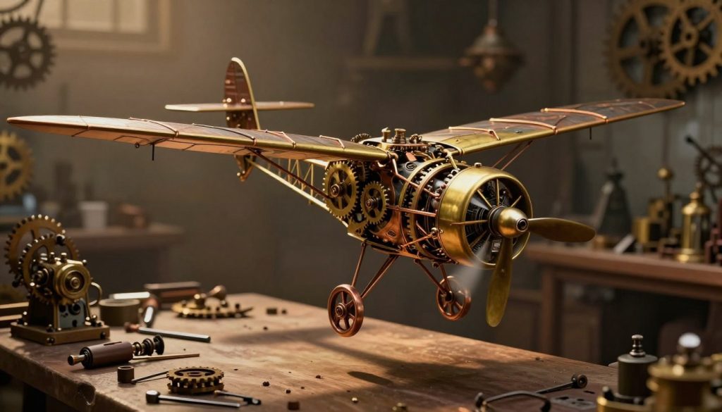 A beautifully detailed steampunk ornithopter, featuring intricate brass and copper mechanisms with exposed gears and metal wings resembling those of a bird. In the foreground, showcase the ornithopter in mid-flight, with its wings gracefully extended and a vintage mechanical propeller spinning prominently. In the middle ground, include a softly blurred workbench laden with tools and parts of a DIY mechanical assembly kit, hinting at the craftsmanship involved in creating the model. The background should depict an atmospheric workshop with dim, warm lighting, casting elongated shadows, and filled with vintage gears and machinery, evoking a sense of nostalgia and innovation. The overall mood is adventurous and imaginative, reflecting the excitement of building a steampunk-inspired flying device.