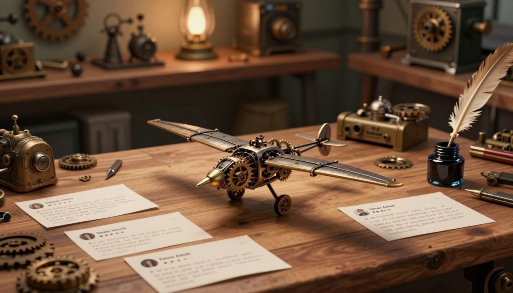 A composition featuring user reviews for a magnetic steampunk ornithopter model kit. In the foreground, well-organized 3D models of the ornithopter, showcasing intricate gears and metallic finishes. Users' handwritten reviews are scattered around, with a vintage quill and ink pot enhancing the steampunk aesthetic. The middle ground displays a soft wooden workspace with tools and parts, illuminated by warm, ambient lighting that creates a cozy atmosphere. In the background, a workshop filled with steampunk decor, including gears, pipes, and vintage machinery, adds depth. The scene should evoke an inviting and creative mood, spotlighting the charm of DIY mechanical assembly. Use a soft focus effect to draw attention to the reviews, captured from a slightly elevated angle, with a warm color palette blending browns and metallic tones.