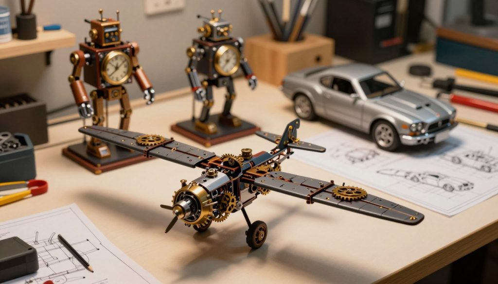 A detailed comparison of mechanical model kits for adults featuring a magnetic steampunk ornithopter model kit in the foreground, showcasing intricate gears and vintage aesthetics. In the middle ground, place two other mechanical model kits of varying designs—one resembling a clockwork automaton and the other a classic car. The background is a well-lit workshop environment with tools, blueprints, and partially assembled kits, enhancing the DIY aspect. Soft, warm lighting highlights the textures of the kits, creating a cozy and inviting atmosphere. Use a slight tilt from a low angle to emphasize the detailed craftsmanship of the model kits while maintaining focus. The overall mood is creative, inspiring, and suited for hobbyists.