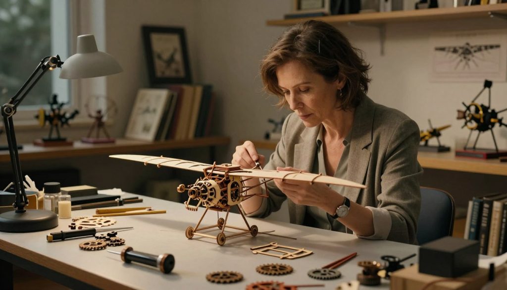 A sophisticated workshop setting showcasing a mechanical model kit assembly in progress, designed for an adult audience. In the foreground, a table cluttered with tools, gears, and wooden components of a magnetic steampunk ornithopter kit. A focused middle-aged woman in smart casual attire, carefully assembling the model, her face illuminated by warm, soft lighting that highlights her concentration and enthusiasm. In the background, shelves filled with completed models and reference books reflect a passion for DIY projects. The scene conveys a sense of creativity, craftsmanship, and nostalgia, inviting viewers into a world of intricate mechanical artistry. The overall atmosphere is warm and inviting, evoking a feeling of discovery and accomplishment in the realm of model building.