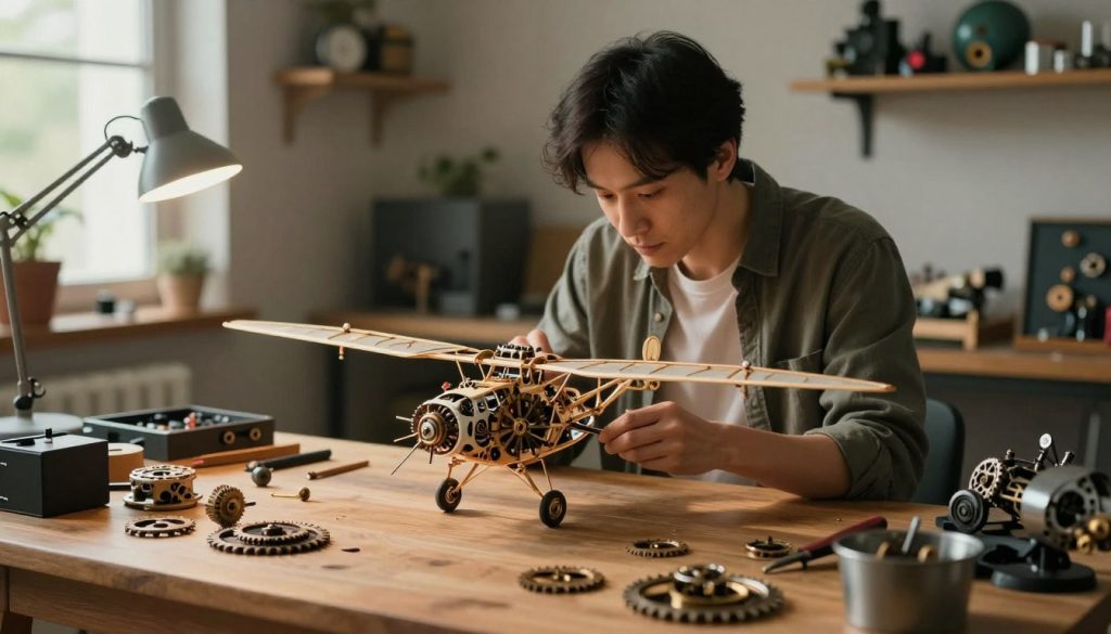 A well-lit workspace showcasing a detailed magnetic steampunk ornithopter model kit on a wooden table, with various mechanical parts, gears, and tools artfully arranged in the foreground. In the middle, highlight an adult in modest casual clothing, focused and engaged in assembling the kit, showcasing concentration and creativity. Soft, ambient lighting illuminates the scene, creating a warm and inviting atmosphere. The background features shelves filled with more DIY kits and a window letting in natural light, symbolizing inspiration. The overall mood reflects a sense of accomplishment and joy, capturing the benefits of DIY mechanical assembly for adults, emphasizing hands-on creativity and skill development.