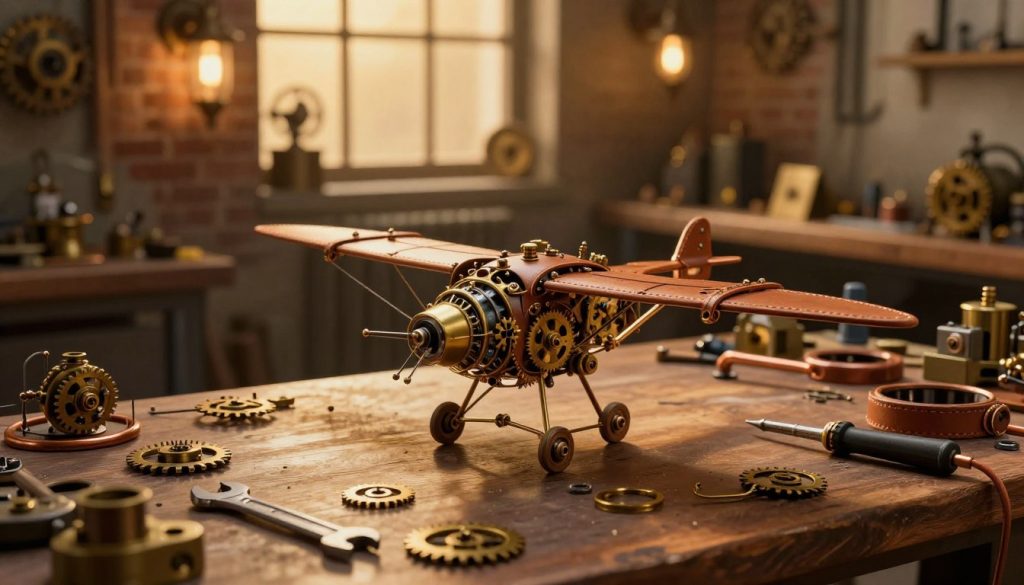 An artistic representation of a steampunk DIY mechanical assembly kit, featuring an intricate ornithopter model prominently displayed in the foreground, showcasing brass gears, copper pipes, and delicate leather accents. The assembly components should be scattered around, arranged in an aesthetically pleasing manner, emphasizing the DIY aspect. In the middle ground, a softly lit workbench with tools, such as a wrench and a soldering iron, hints at the assembly process. The background features a warm, inviting workshop scene with steampunk-inspired decor—exposed brick walls, vintage lighting, and large windows letting in golden light. The overall atmosphere should evoke creativity and craftsmanship, with intricate details shining through the gentle illumination, inviting viewers to explore the world of steampunk assembly.